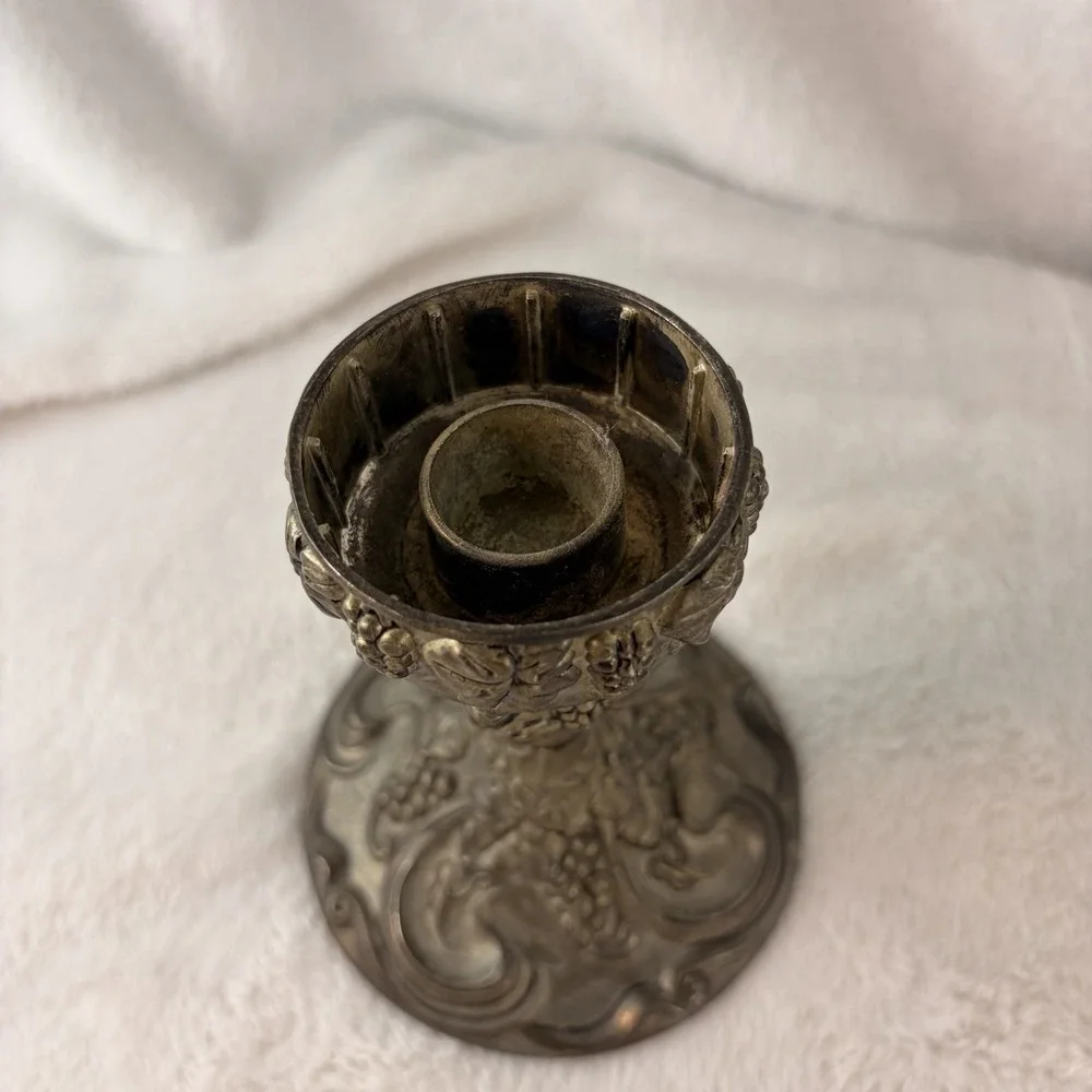 Vtg 70s Ornate Hurricane Candle Holder Pewter Silver Tone Grapevine Base Patina